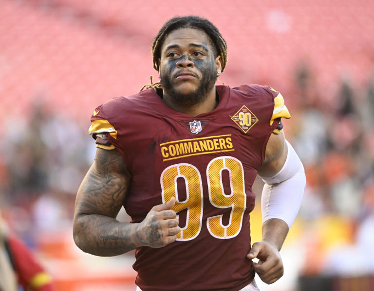 nflrums's tweet photo. Report: The Washington Commanders could trade one of their pass rushers tonight Chase Young or Montez Sweat, per @espn