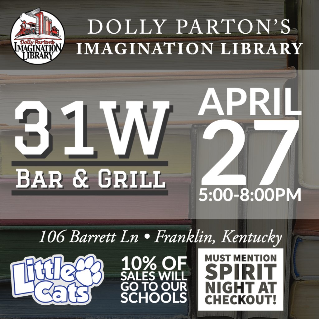 spirit1168's tweet photo. Word is Dolly may show up for some good food and fun! Join us TONIGHT at 31W Bar & Grill to support @dollyslibrary and early childhood literacy in Simpson County 📚 🤸♀️🤸🏼
@FS_Schools @LincolnElem1 @FESLittleCats @KYGOEC @franklinfav
#1FS #dollyslibrary #FRYSC #itsforthekids https://t.co/RDxoNwGA9M