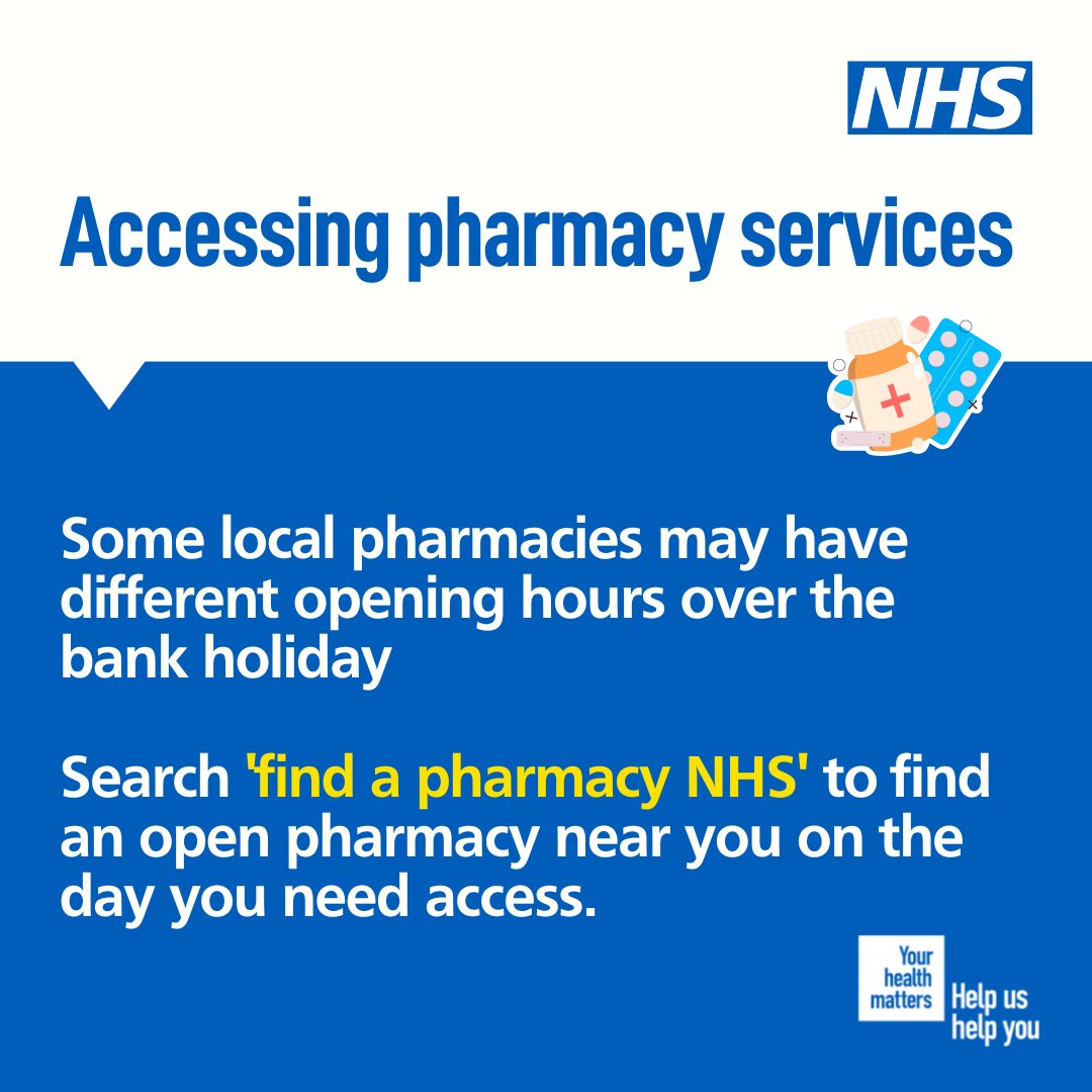 NHS_CWICB's tweet image. Some local pharmacies may have different opening hours over the bank holiday.

Search 'find a pharmacy NHS' to find an open pharmacy near you on the day you need access. 

#BankHoliday #CoventryAndWarwickshire #HelpUsHelpYou