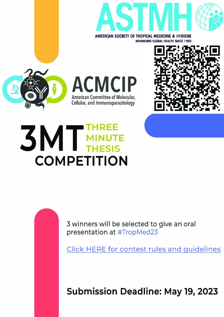 ARE YOU READY TO THESIS??? Our 2023 3MT competition is live! @ACMCIP invites graduate students in parasitology to share their science. 3 winners will give full length talks at #TropMed23. Get detailed instructions at tinyurl.com/parasite-3MT-23. Submission deadline: May 19, 2023
