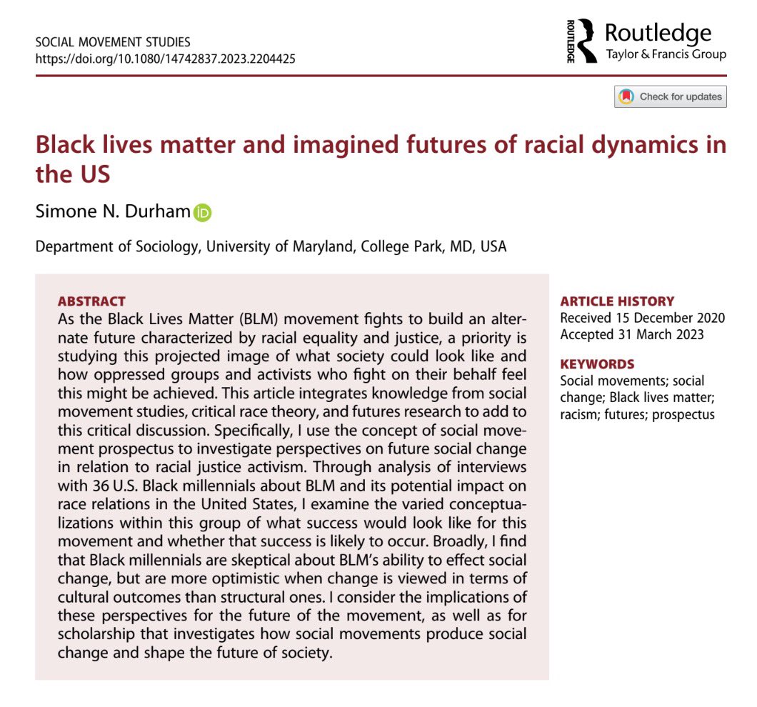 Three years, two paper competition awards, and three revisions later, I’m proud to share that my paper on Black millennials, BLM, and imagined futures is officially published. I worked hard for and am extremely proud of this one. 🙏🏽✨

doi.org/10.1080/147428…
