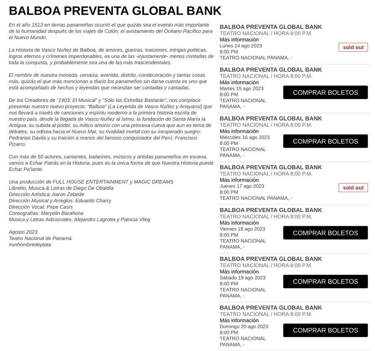 ¡Ya son DOS funciones totalmente vendidas de <a href="/BalboaElMusical/">BALBOA: El Musical</a>! 

Ven a descubrir las DOS caras de Nuestra Moneda.

Link para boletos en: balboamusical.com