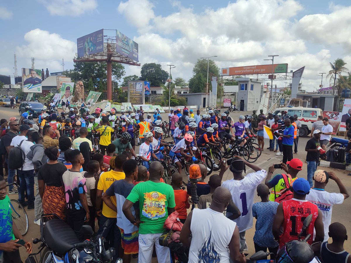 BikesFoundation's tweet photo. What a day to start the Tour De Lunsar and celebrate independence day in Sierra Leone! Well done to all riders who raced the 100km from #Lungi to #Lunsar today! Jack and Nate are facing tough competition from #Nigeria and countless fans along the routes are cheering all riders! https://t.co/gSB5GBibFD