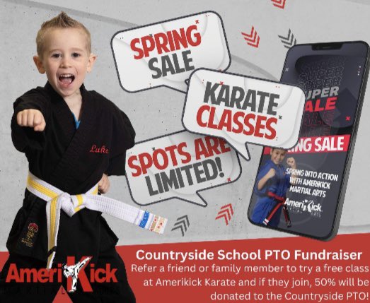 Countryside_PTO's tweet photo. Amerikick Martial Arts is hosting a fundraiser this spring to benefit the Countryside PTO. Simply refer a friend or family member to try out a FREE class at Amerikick Martial Arts and if they join Amerikick, 50% off the registration will be donated to the Countryside! https://t.co/SfRlmFPcfX