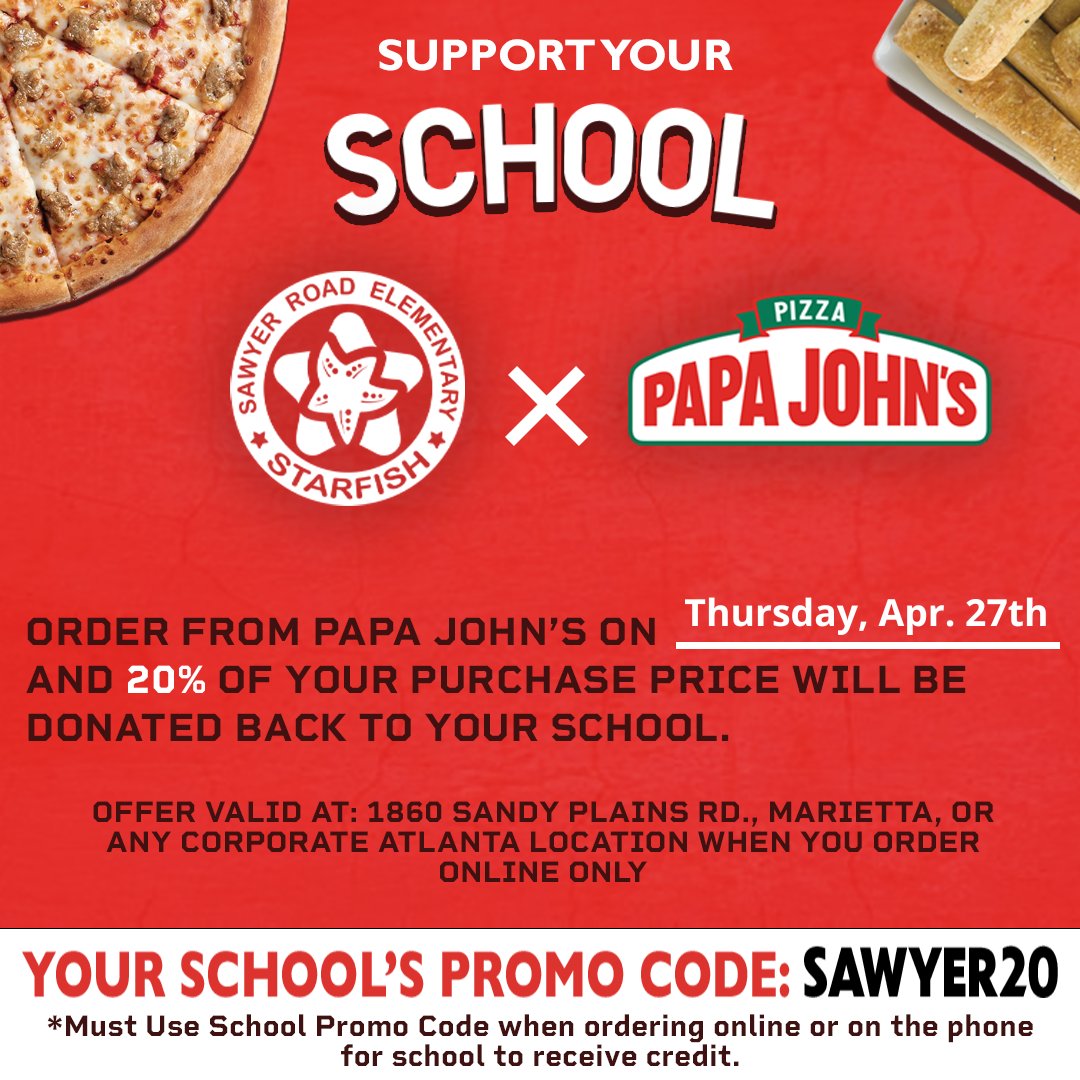 SawyerRoad's tweet photo. Today! Thursday, April 27th, Papa John's is supporting Sawyer Road Elementary. Use the promo code: SAWYER20 and 20% of your purchase price will be donated back to our school.
@mcs_partners @PapaJohns https://t.co/9aThD9PCms