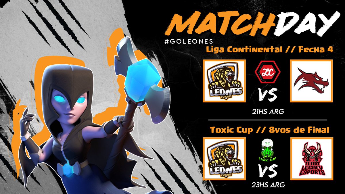#ClashRoyale      

Dia de grandes encuentros!!!

[🏆] <a href="/LigaCNTAL/">Liga Continental™</a>
[🆚] <a href="/RedeSports1/">Red eSports</a> 
[🎯] Fecha 4
[⏰] 21hs 🇦🇷  

[🏆] <a href="/ToxicCup3/">Toxic_Cup</a> 
[🆚] @THELEGACYESP 
[🎯] 8vos de Final 
[⏰] 23hs 🇦🇷 

#GOLeones 🦁🦁🦁