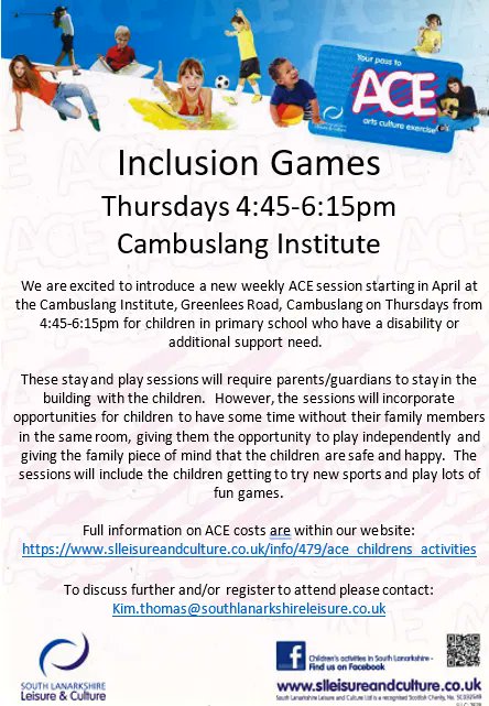 NASSouthlanarks's tweet photo. This is a fantastic oppoutunity in the Cambuslang area for ASN kids. These inclusion sessions are ran by South Lanarkshire Leisure for ASN children to attend with parents.  Please contact the links on the flyer to register for this. https://t.co/h1Kwaq14z0