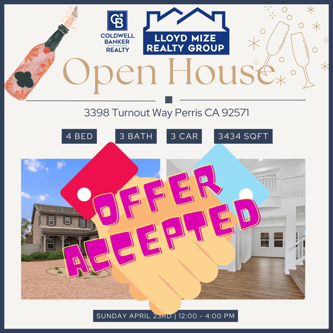 After one open house I’m excited to share the owner of 3398 Turnout Way in Perris, CA has just accepted an offer on their stunning property! 🏡💰🎉

#realestate #homesforsale #acceptedoffer #perrisca #dreamhome #homesweethome #realtorlife #realestateagent #newhomebuyer