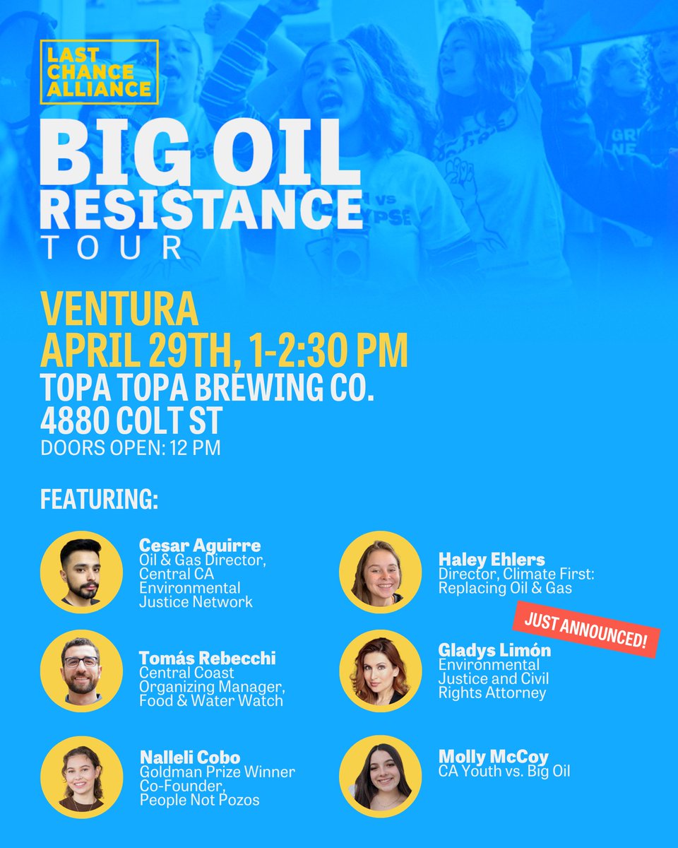 You don't want to miss this! 🚨 We're just two days away from the #BigOilResistance in Ventura! 

❗Just announced: Two new movement leaders joining: Gladys Limón, an Oxnard native and EJ and civil rights attorney, and Molly McCoy, a youth environmental activist and student!