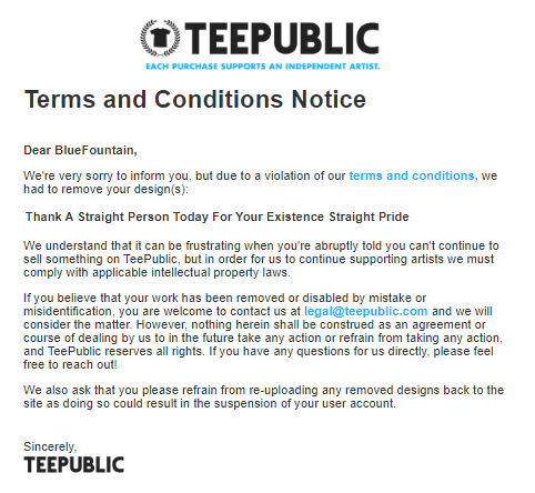 ink_bag's tweet photo. This is what free speech looks like on #teepublic, #redbubble's child. #BoycottRedbubble #BoycottTeepublic https://t.co/Di3Ro5xrDB