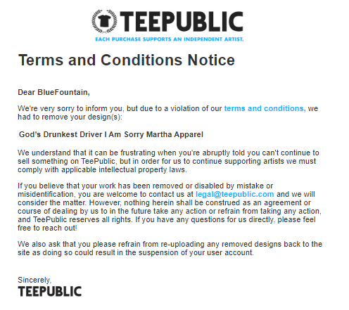 ink_bag's tweet photo. This is what free speech looks like on #teepublic, #redbubble's child. #BoycottRedbubble #BoycottTeepublic https://t.co/Di3Ro5xrDB