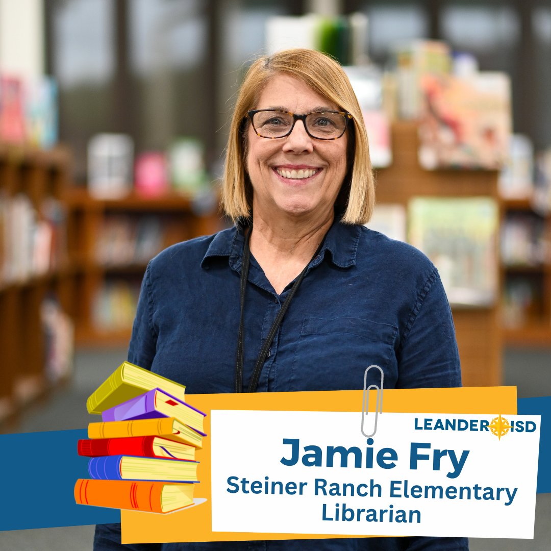 LeanderISD's tweet image. Librarian Jamie Fry at @Stallionlib is one of our featured librarians this week as we celebrate #LibrarianAppreciationWeek in #1LISD. 

Thank you for all that you do! 📚 

#NationalSchoolLibraryMonth