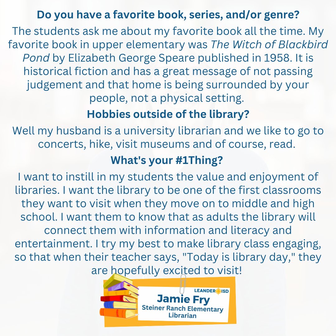 LeanderISD's tweet image. Librarian Jamie Fry at @Stallionlib is one of our featured librarians this week as we celebrate #LibrarianAppreciationWeek in #1LISD. 

Thank you for all that you do! 📚 

#NationalSchoolLibraryMonth