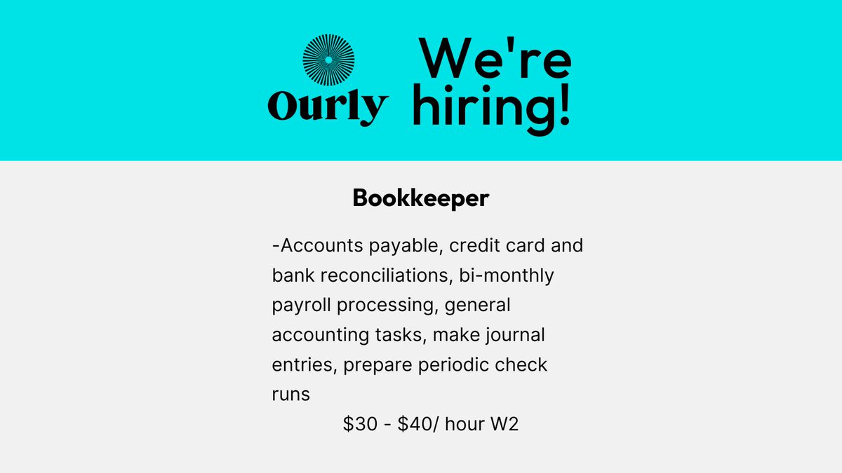 OurlyHello's tweet photo. An Ourly client is looking to connect with a bookkeeper for a flexible 30 - 40 hours a week and hybrid, remote or onsite. Contractors choice! All you need is a knack for numbers and a love for project work. # #WorkFlexibly #Consultants #Innovation https://t.co/NjmFDg4FyD