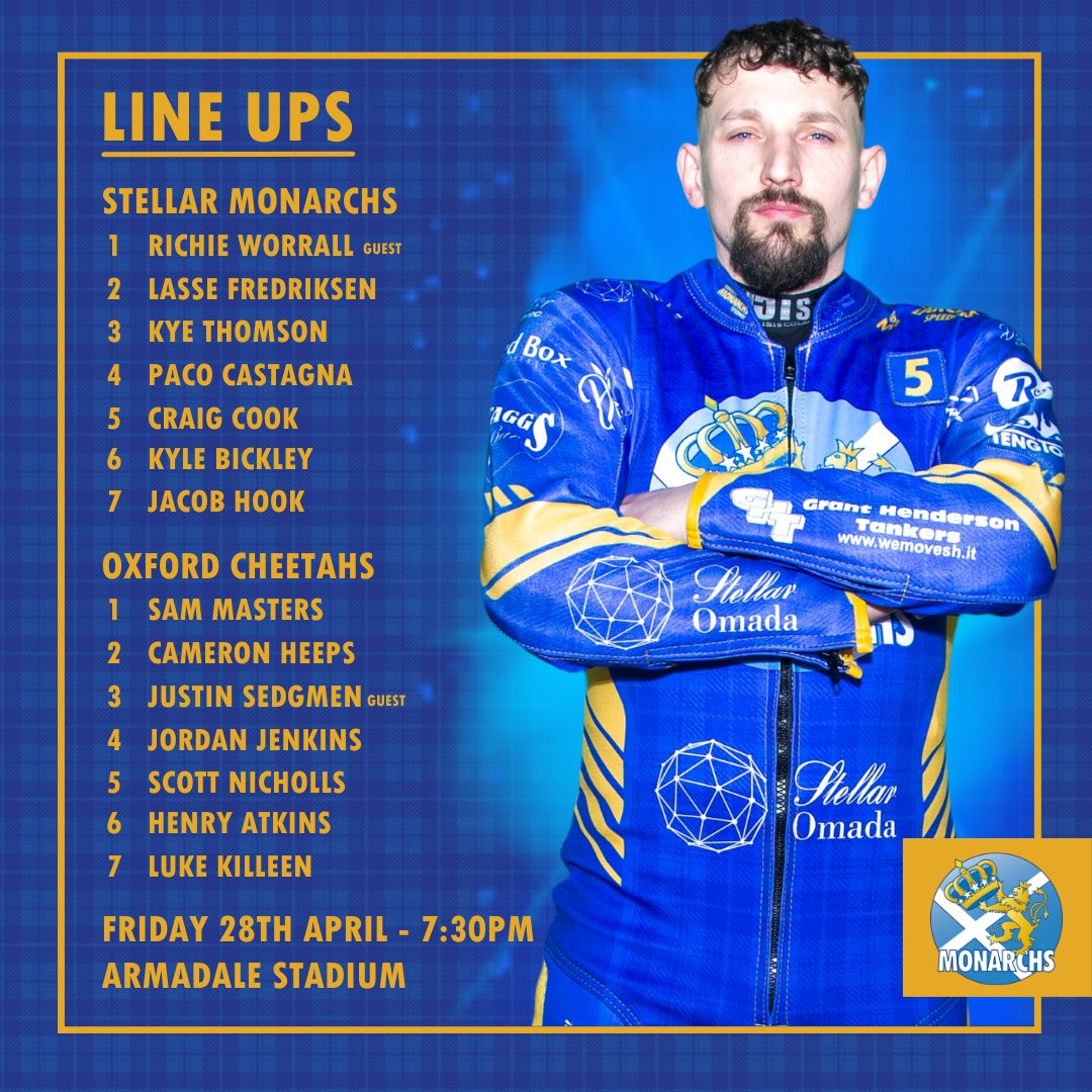 👑 TEAMS: Stellar Monarchs take on Oxford Cheetahs tonight at Armadale Stadium from 7:30pm! Check out how the teams line up 👇 🎟 Tickets 👉 www.edinburghmonarchs.co.uk/tickets or at the gate 📺 Stream 👉 edinburghmonarchs.co.uk/emtv