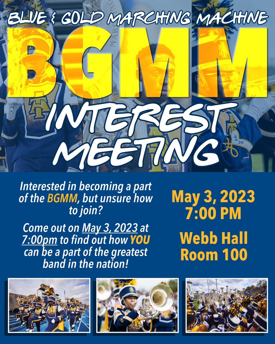B_GMM's tweet photo. Interested in becoming a part of the BGMM, but unsure how to join?
Come out on May 3, 2023 at
7:00pm to find out how YOU
can be a part of the greatest
band in the nation!

May 3, 2023
7:00 PM
Webb Hall
Room 100
#NCAT @ncatsuaggies @NCAT_StudentCtr https://t.co/HScYvNm4pk