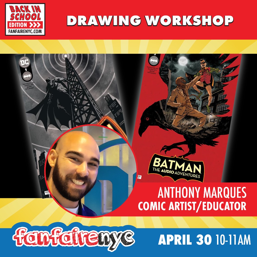 fanfairenyc's tweet photo. Anthony Marques returns on Sunday for a Comic Drawing Workshop. Learn from the President &amp; Instructor @TheKubertSchool! Supplies by @Blick_Art 

#fanfairenyc2023 - April 29-30 #Fanfaire #comics #comiccon #comicart #comicsartist #artanddesignhs #artistalley #nycc #graffarts https://t.co/Mo4tcR5caf