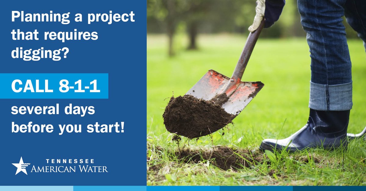 tnamwater's tweet photo. Call @Tennessee811 before you start any digging project. Calling can avoid serious risks that could result from striking a buried utility line. #Call811 #SafeDiggingMonth #Call811BeforeYouDig #DigSafely #KnowWhatsBelow @chattanoogagas @ChattFireDept https://t.co/rMzsFotcHv