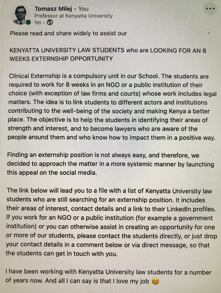 t_milej's tweet photo. This is an appeal to assist our @KenyattaUni law students in finding an 8 weeks externship opportunity with an NGO or a public institution. The details on the photo, the link to the list of interested students below. Please help and share widely. Than you

https://t.co/8d5qZ2vD8l https://t.co/1P556csf68