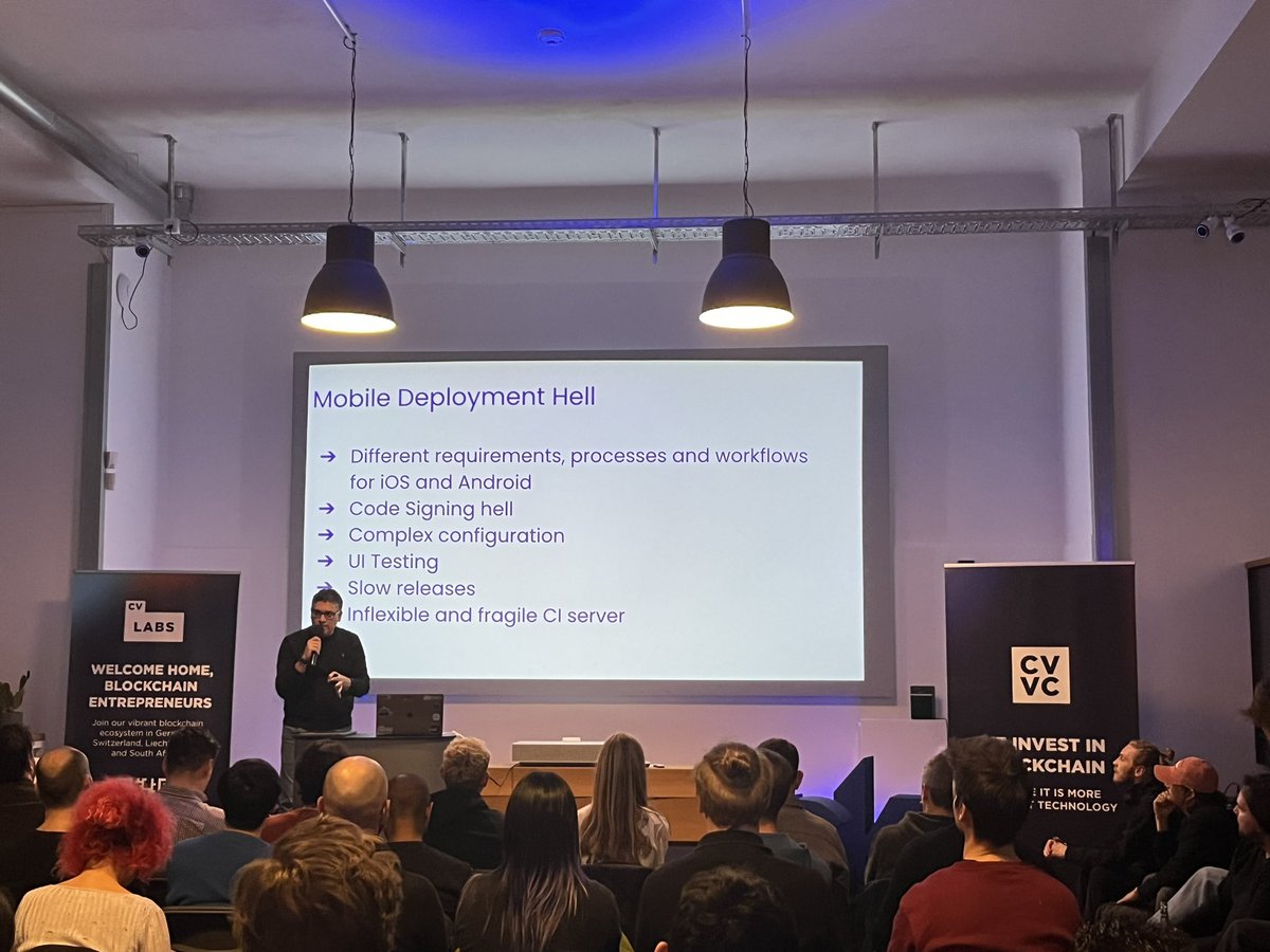 busywhistling's tweet photo. @Moatazeldebsy talking about significance of mobile devops (&amp; mobile focused CI/CD) and the relevant ecosystem around React Native devops #ReactBerlin https://t.co/RNeiAJfyZt