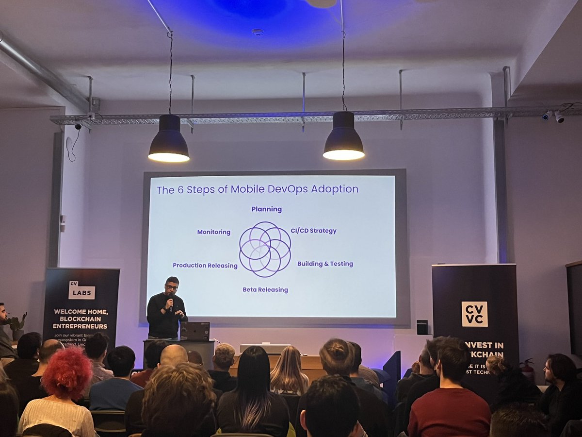 busywhistling's tweet photo. @Moatazeldebsy talking about significance of mobile devops (&amp; mobile focused CI/CD) and the relevant ecosystem around React Native devops #ReactBerlin https://t.co/RNeiAJfyZt