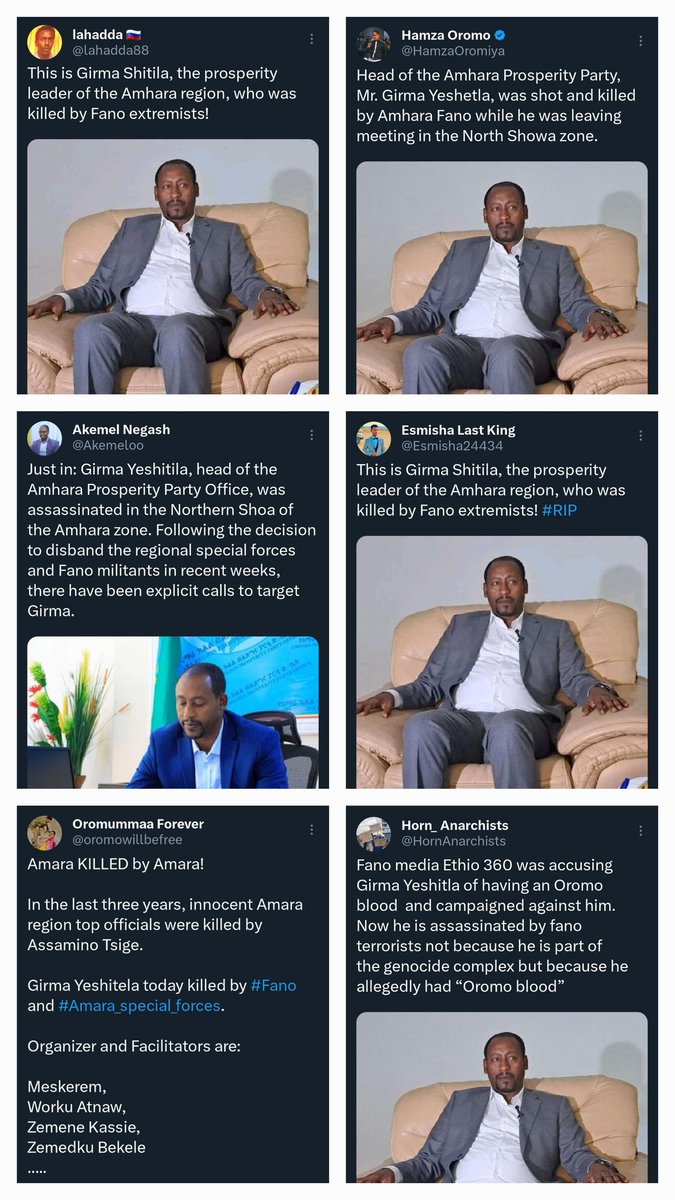 TheFitawrari's tweet photo. ⚠️ Following killing of Abiy loyalist Girma Yeshitila (APP), the OPP regime &amp; its agents are scapegoating Fano to justify the Oromo ENDF's ongoing crimes against humanity in Amhara Region. This is how the regime uses disinfo, propaganda &amp; false flag ops for political longevity. https://t.co/mq3BLvCjdK