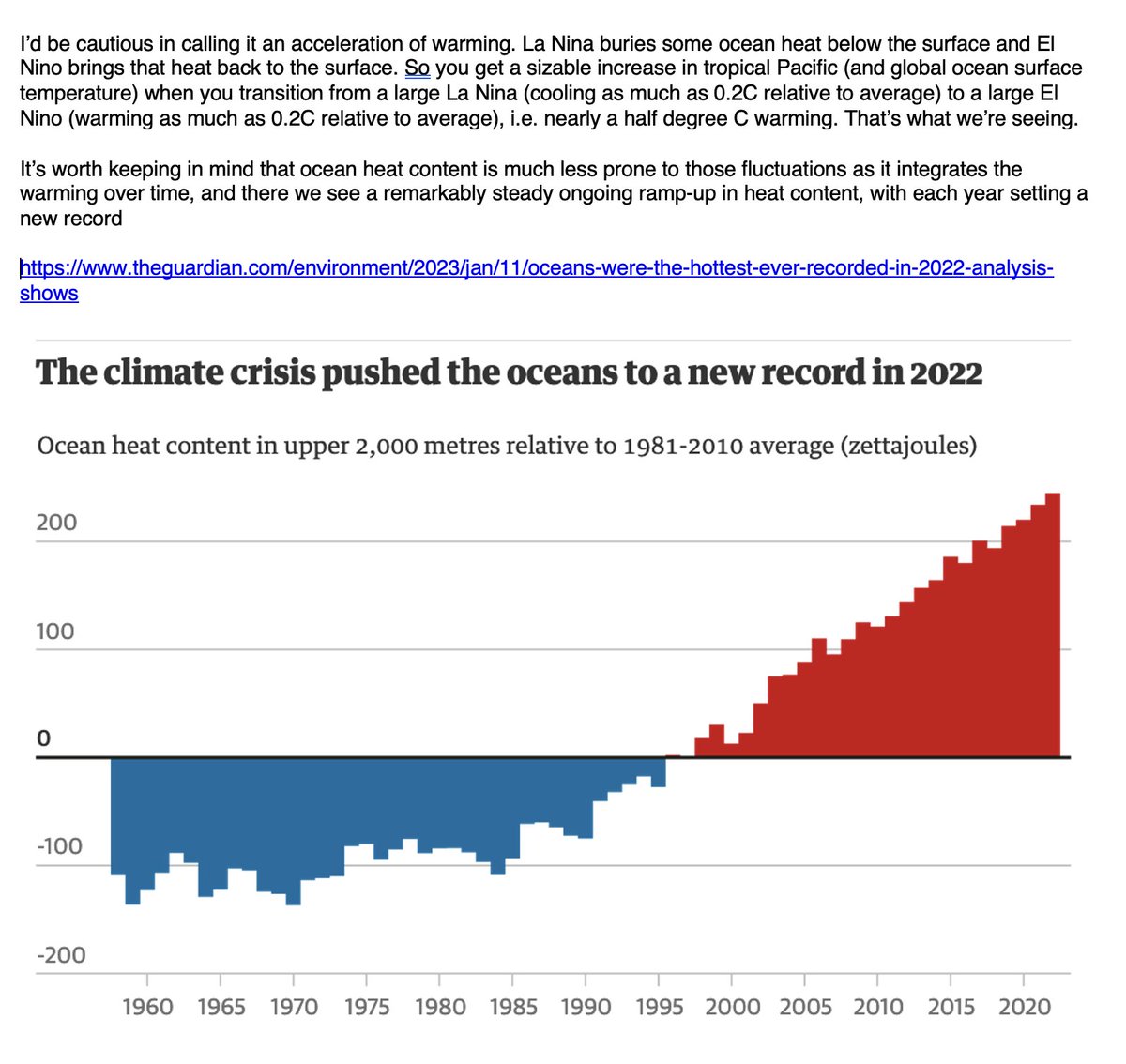 My full comments below.

At the surface, we see a combination of human-caused warming and a big La Nina/El Nino transition.

Ocean heat content (link: theguardian.com/environment/20…) by contrast shows a remarkably steady upward ramp. That's what we should be most concerned about.
