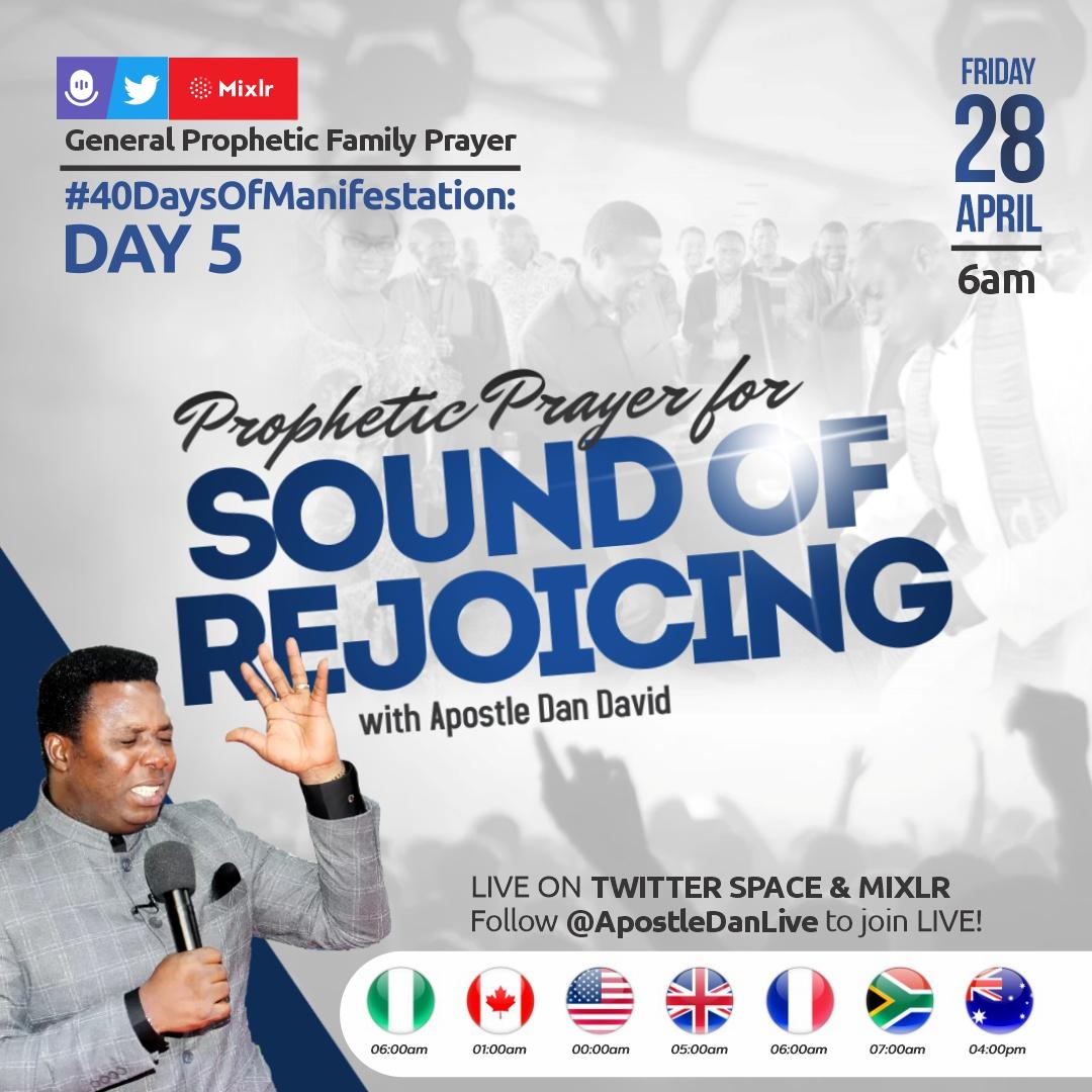 apostledandavid's tweet photo. Hello, friends! Can you believe we're already on Day 5 of our 40 Days of Manifestation?! Tomorrow is all about the Sound of Rejoicing in your homes, and we can't wait to see the amazing things that will happen tomorrow! #40DaysofManifestation
#GPFP #apostledanlive
👇 👇 👇 👇 👇 https://t.co/wiyp7SrDTm