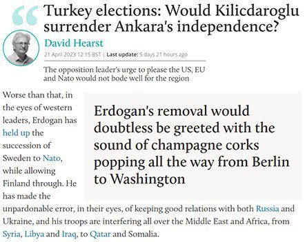 malikeskil's tweet photo. The Guardian’ın Dış Politika Eski Şefi David Hearst’ın son köşe yazısından:

“Erdoğan’ın kaybetmesi şüphesiz Berlin’den Washington’a kadar şampanya patlatma sesleriyle karşılanacaktır.”

14 Mayıs’ta milletimiz iki tercih arasında seçim yapacak:

Seccade ve şükür secdeleri 🤲 
Mantar tıpa ve şampanya şıngırtıları 🥂