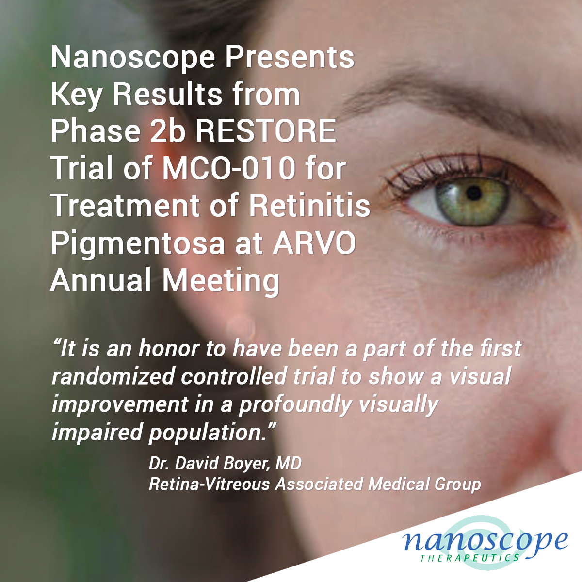 Key results of @NSTherapeutics RESTORE trial of MCO-010 #genetherapy for #retinitispigmentosa presented at #ARVO2023.  @ARVOinfo #ophthalmology #Cureblindness #raredisease #retina
ow.ly/S5xS50NYrWV