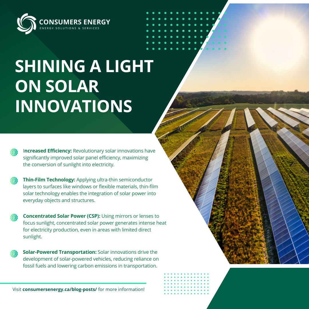 Witness the brilliance of solar innovations! From flexible panels to solar-powered transportation, these breakthroughs are paving the way for a brighter, cleaner world. 

#SolarInnovations #CleanEnergy #SustainableFuture #ConsumersEnergy #HighEfficiency #Rebates