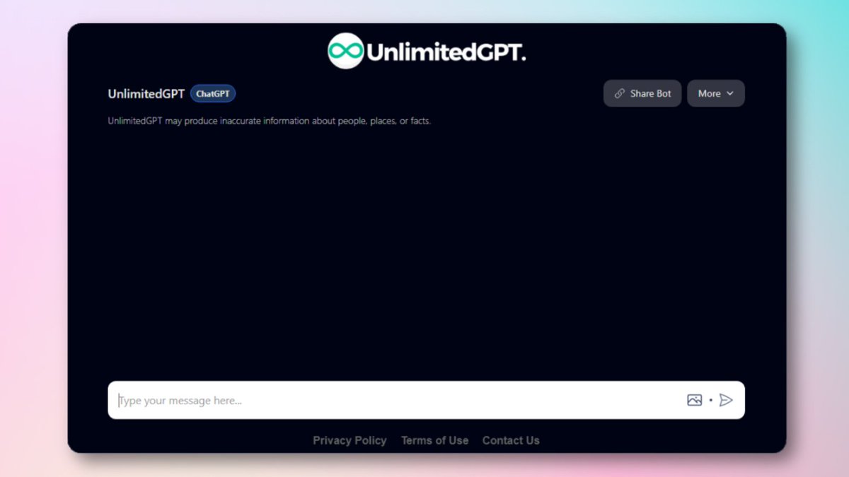 UnlimitedGPT's tweet photo. 🎉 Say hello to https://t.co/NmlrUURD5G ! Get ready to enjoy AI ChatGPT for FREE! Dive into the world of AI without any limits. Join us today! 🌐🤖 #UnlimitedGPT #ChatGPT #AI #GPT4 #FreeGPT https://t.co/mitiPTC2GK