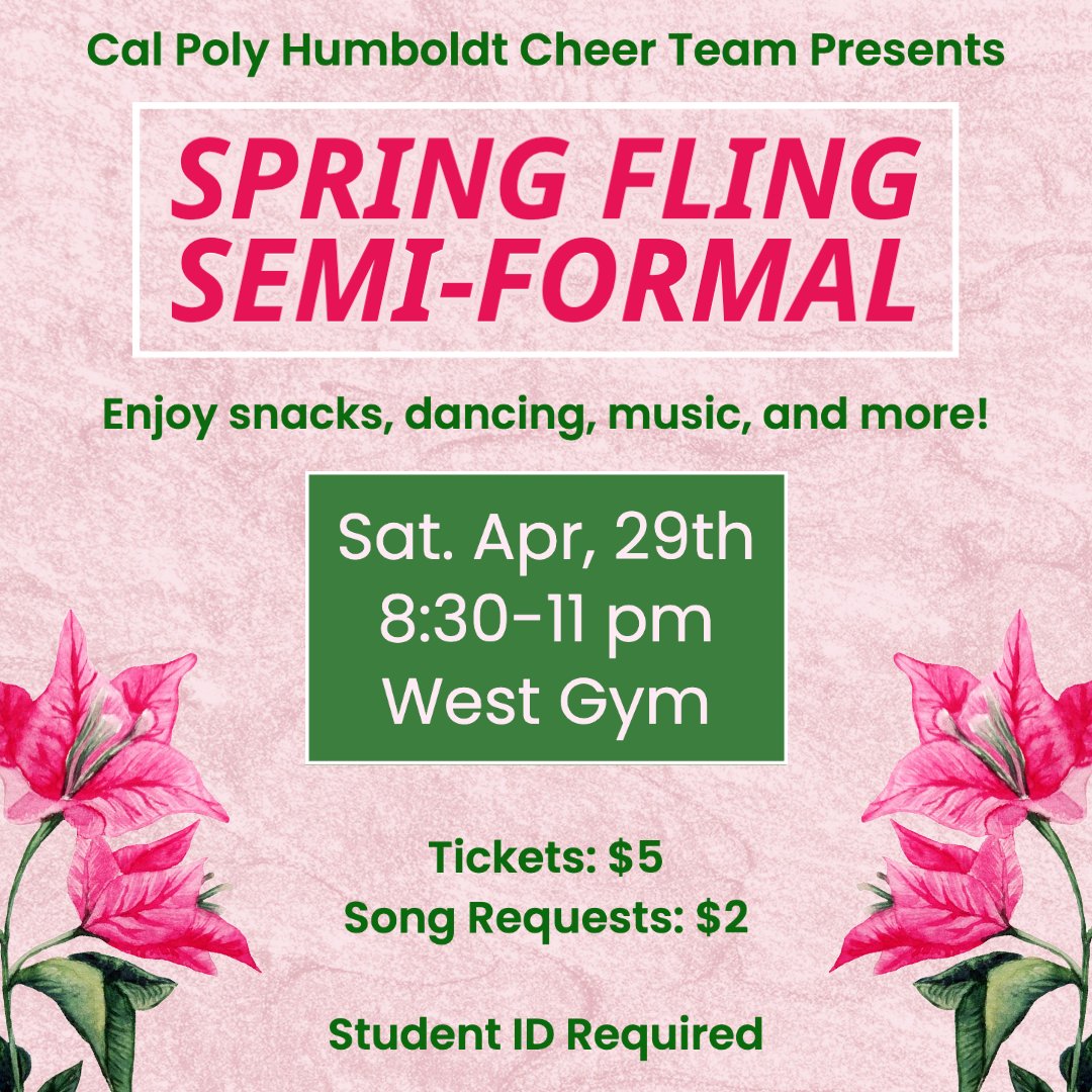 humboldt_smc's tweet photo. Cheer Spring Fling Semi-Formal! They are fundraising for the team to go to cheer camp and to buy new mats. $5 tickets for a night of dancing, music, and photo station. There will also be snacks &amp; drinks for sale. Come support!
#CalPolyHumboldt #TrueJacks https://t.co/UeDB59roaN
