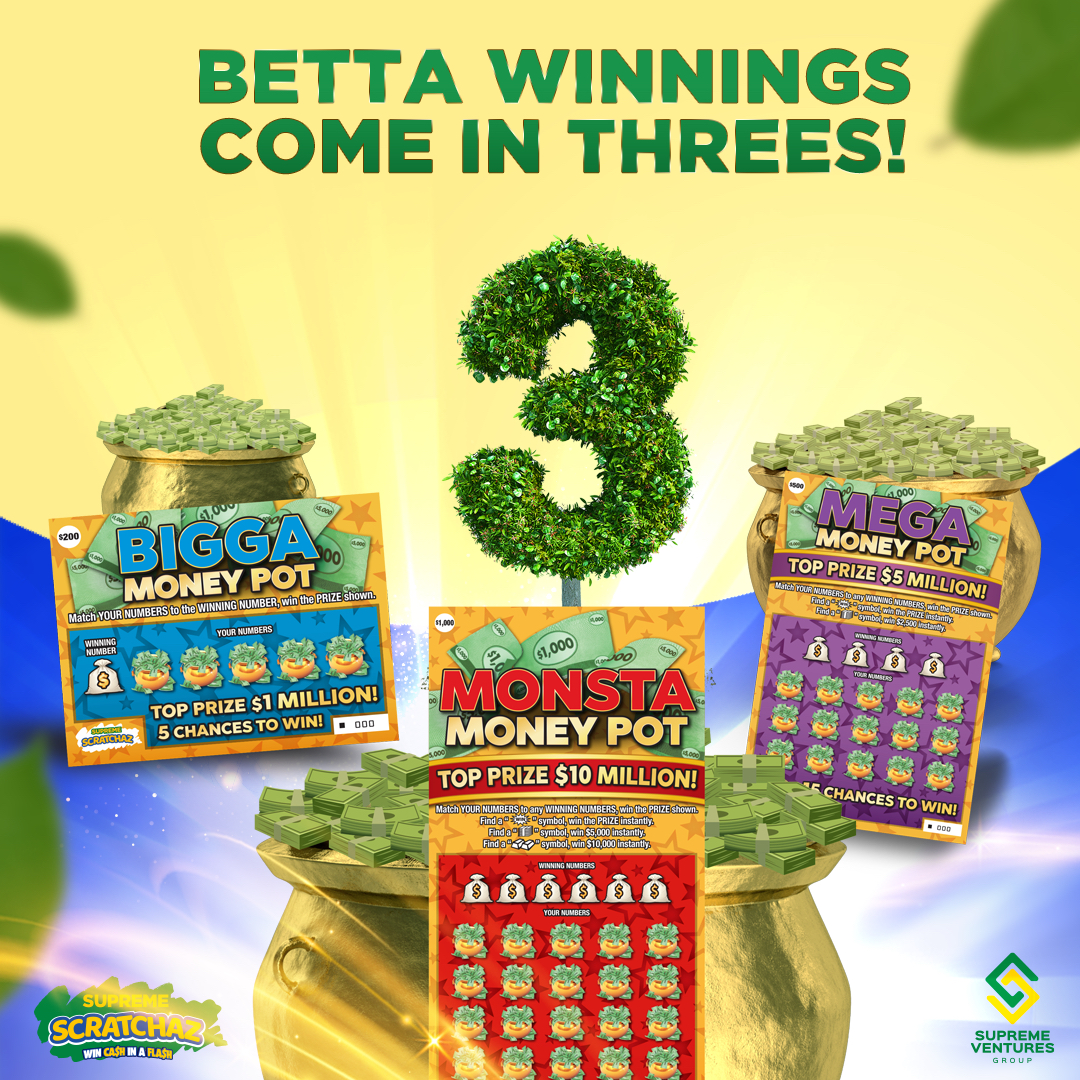 SVLGrp's tweet image. Betta Winnings come in threes with the new #MoneyPot Family Tree #SupremeScratchaz ! 💰🥳

Play ALL THREE TOGETHER for 40 chances to WIN your share of $1 Billion with the new Money Pot family of games!!!

#SupremeScratchaz #ScratchandWin#Scratchaz #SupremeGames