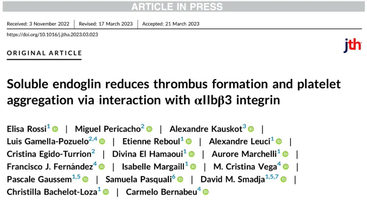 CristinaVegaLab's tweet image. Great collaboration with Carmelo Bernabeu (@CIB-CSIC), Elisa Rossi (@univ_paris_cite) and Miguel Pericacho (@usal). Check this out: @JTHjournal: "Soluble endoglin reduces thrombus formation and platelet aggregation via interaction with αIIbβ3 integrin" buff.ly/420yd60