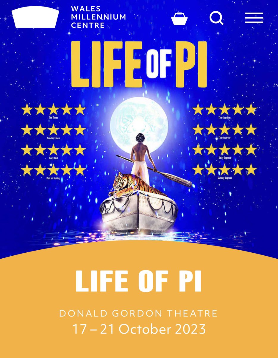 Three tickets for <a href="/LifeofPiUK/">Life Of Pi - UK & Ireland Tour</a> available at #walesmillenniumcentre for sale as no longer able to attend. Box B, private box, at side of stage. DM if interested as not able to exchange to a different day either