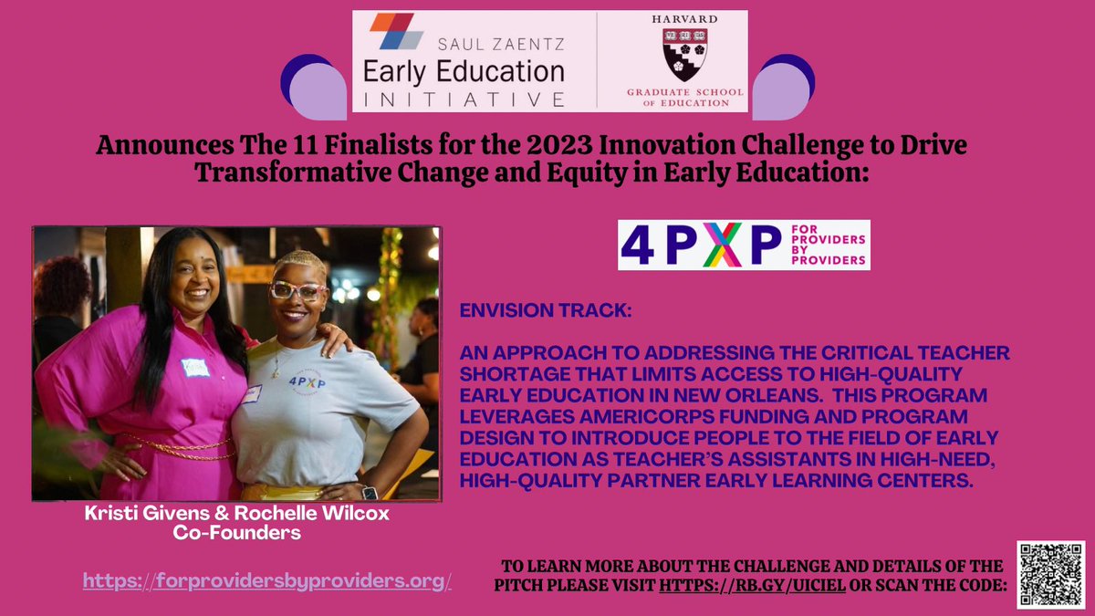 Join us online today, Thursday, April 27th at 3 PM (CST) - 5 PM (CST)  as we cheer on Rochelle Wilcox &amp; Kristi Givens, Co-Founders, of For Providers By Providers (4PXP) as they make their Pitch of a Cutting Edge Idea to Advance Early Education.

 harvard.zoom.us/webinar/regist…