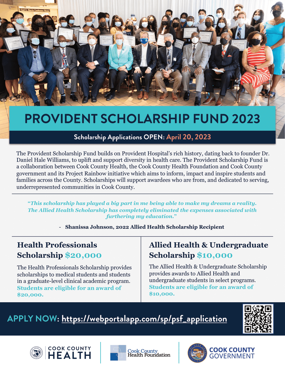 CookCtyHealth's tweet photo. Attention health care #students! Applications are now open for the Provident Scholarship Fund that awards up to $20,000 to students who are from, and dedicated to serving, underrepresented communities in Cook County. Apply now and invest in your future! https://t.co/mplhPVdkIV https://t.co/zspiAEsJDQ