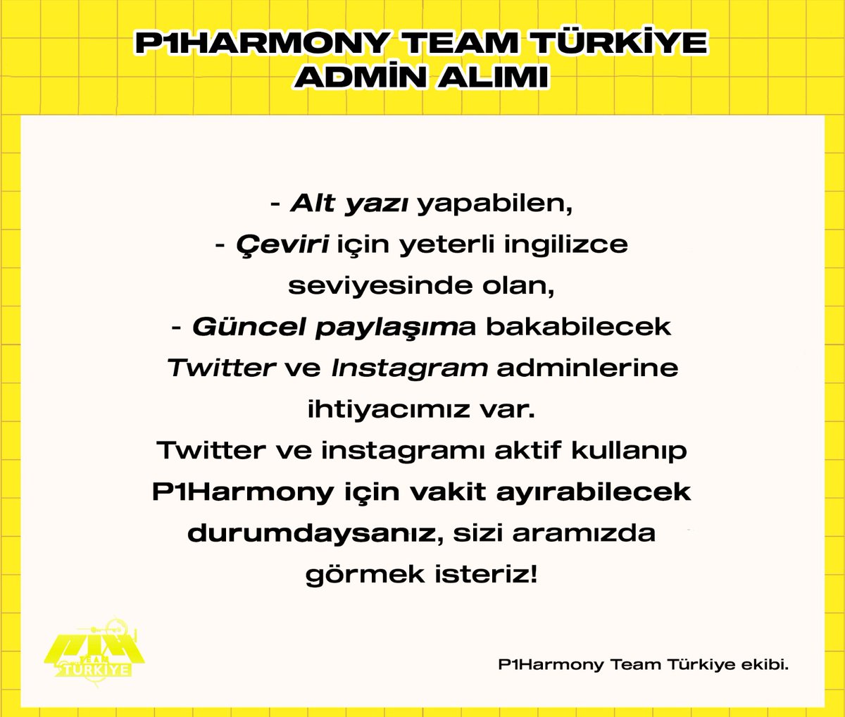 p1hteamturkiye's tweet photo. [ADMİN ALIMI] Herkese merhaba! Kişisel yoğunluğumuz sebebiyle sayfaya vakit ayıramaz olduk. Sizi bekletmemek ve çocukları daha iyi temsil edebilmek için yeni ekip arkadaşları aramaya karar verdik. Aşağıdaki formdan başvurabilirsiniz!

➕️https://t.co/VZ0SgS7SoN

#P1Harmony https://t.co/0W4SEe1jgP