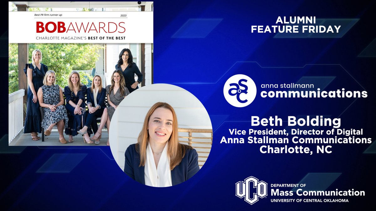 UCO_MCOM's tweet image. This week's #AlumniFeatureFriday spotlights one of our @UCOStratComm Alums, @boldingbeth. Beth is the Vice President, Director of Digital at @asc_comms! From graphic design to digital marketing, Beth does it all! 

Are you a MCOM Alum doing great things? DM us to be featured.