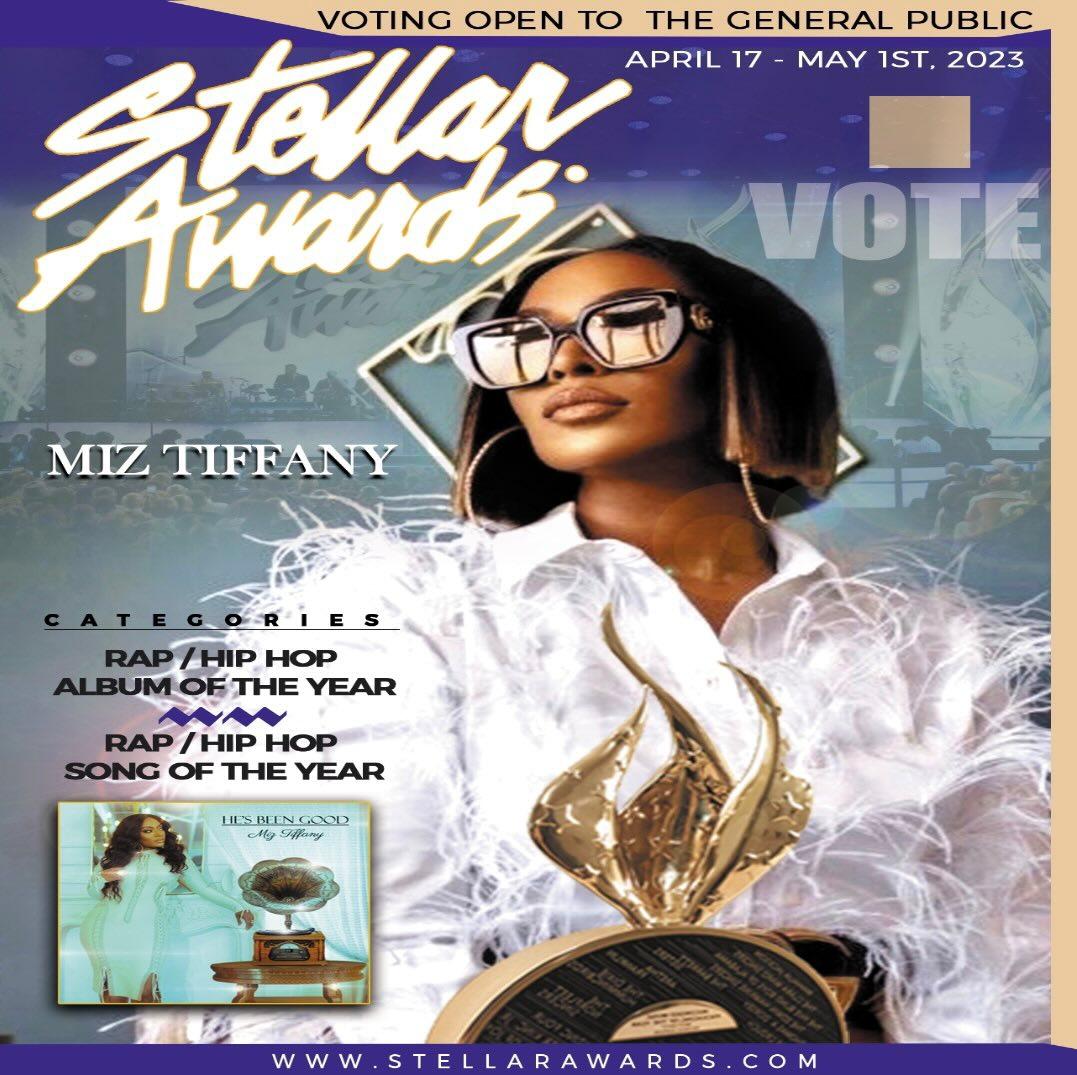 Music fans, 🙏🏽🗳️. Voting for the 2nd Round of the #StellarAwards is open to the Public!  We need your help in voting for #miztiffany 🏆 Rap/Hip Hop Album of the Year 🏆Rap/Hip Hop Song of the Year  Visit  thestellarawards.com to vote up to 3x! #vote #stellarawards