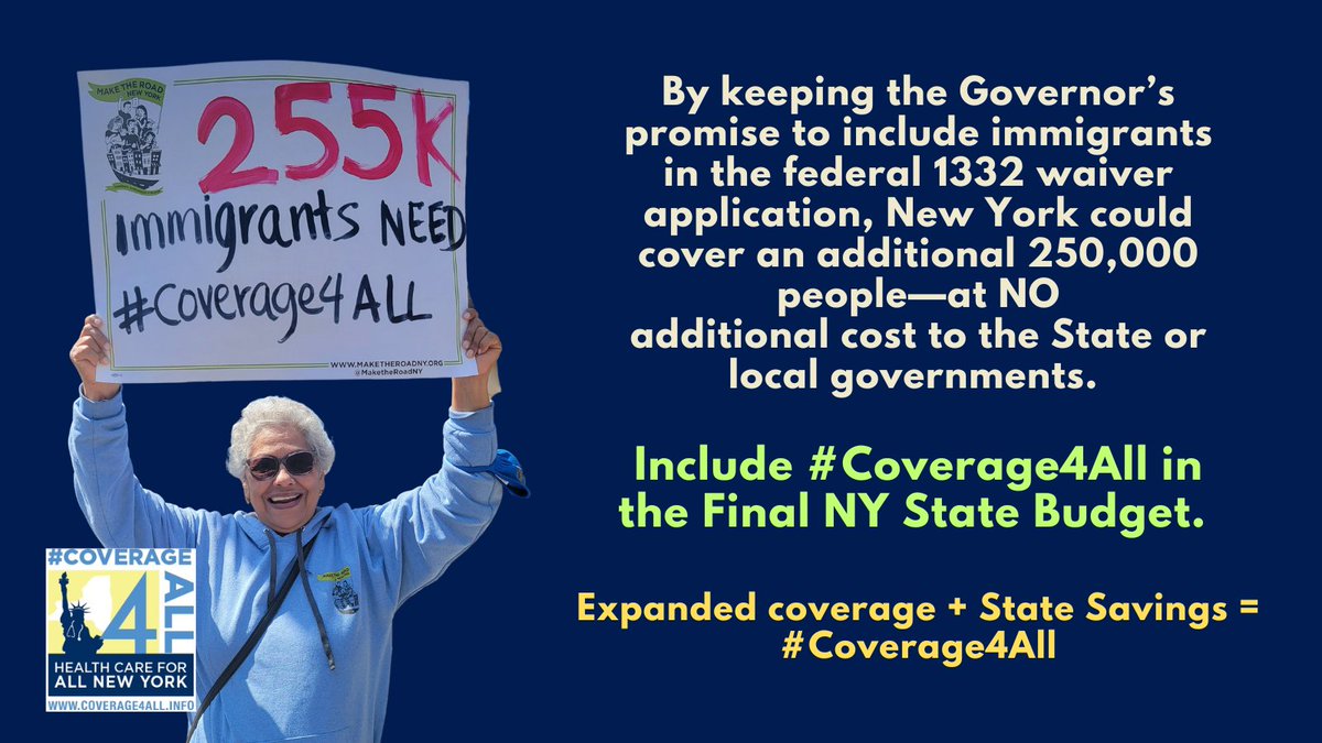 🚨ACTION NEEDED: Call Albany leadership now to demand they amend the 1332 Waiver and include #Coverage4All in the final budget!

Nearly 255K NYers are currently excluded from health coverage, due to their immigration status.

Call Albany leaders now! p2a.co/xdgmw60