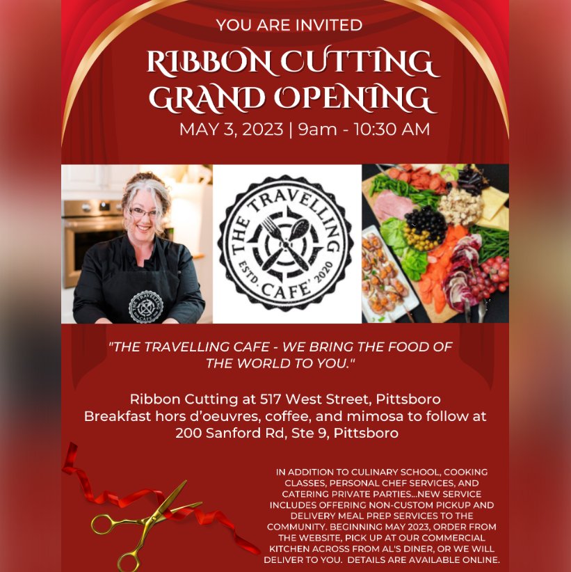 Chatham_Chamber's tweet photo. Join us for the grand opening and ribbon cutting of @thetravellingcafenc on May 3rd! Their services are all designed with a truly global experience in mind. Don't miss this event!
#chathamchambernc #chathamcountync #pittsboronc https://t.co/ThBac8WcRI