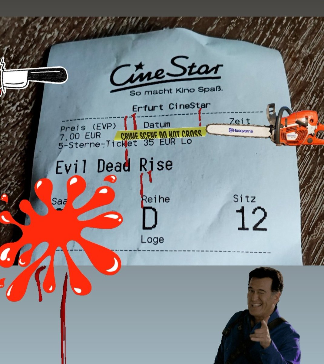 SirSaepp's tweet photo. @EvilDead #EvilDeadRise gerade gesehen. Tolle Unterhaltung, genialer Film. Weniger gruselig (für mich), dafür absolut brutal und extrem heftig. Das Finale sucht seines gleichen. Anschauen! Werde noch Mal ins Kino gehen. #cinestar #evildead #tanzderteufel #samraimi #brucecampbell https://t.co/fL8jK2WlhL