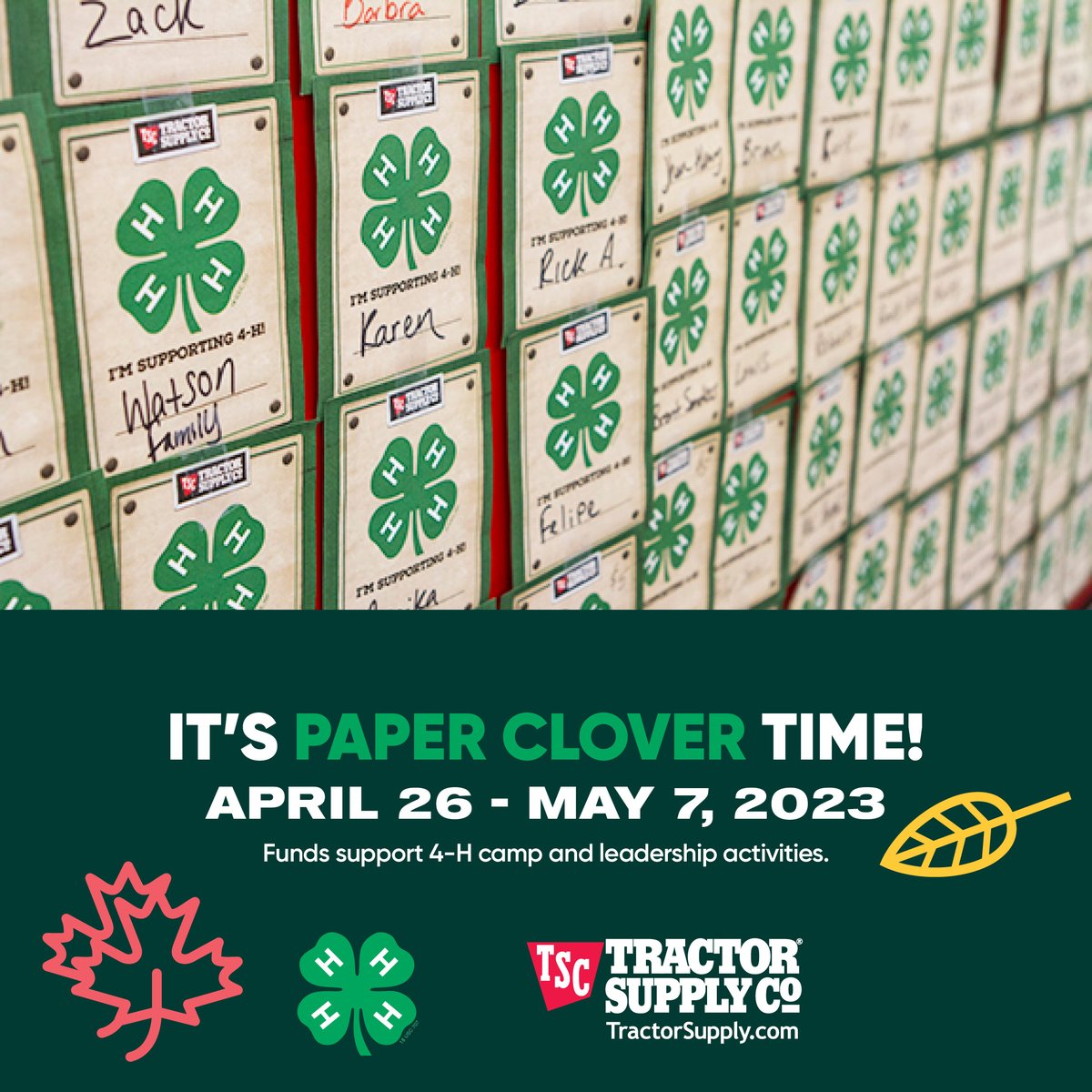 Show your #Marylandpride and love of #4H - purchase a Paper Clover at @TractorSupply now through May 7th! 90% of all proceeds go directly towards OUR state & LOCAL programs to support leadership skills, virtual camps, and more! Get a #4HPaperClover today! 🍀
