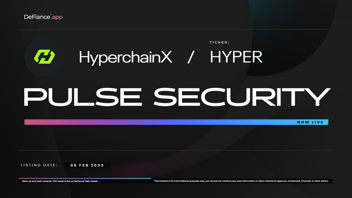 .<a href="/HyperchainX/">HyperChain X</a> Pulse Security is now live on DeFiance.app/Pulse/Hypercha… 

#Pulse collects carefully analyzed data from protocols, our partners and Divine DeFiants to assess the strengths and weaknesses of a protocol.

Review-to-Earn: users.DeFiance.app
$HYPER #DAeFianceApp