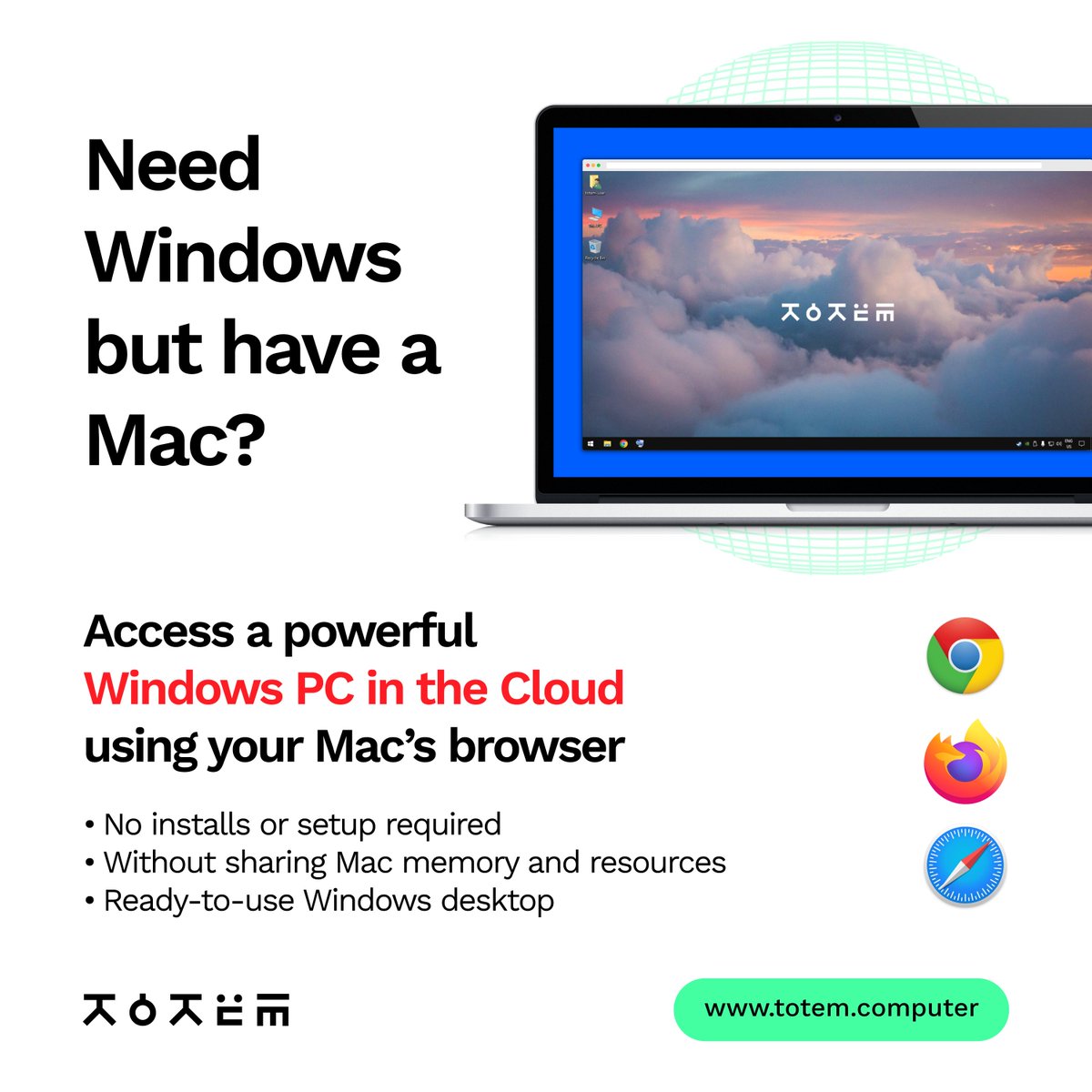 totem_computer's tweet photo. If you need Windows but have a Mac, you can now say goodbye to complicated solutions like installing Windows side-by-side and taking away valuable resources from your Mac.

Access your new Windows PC in the cloud without leaving your Mac browser; no installs, no setup required. https://t.co/Xot21wSYQC
