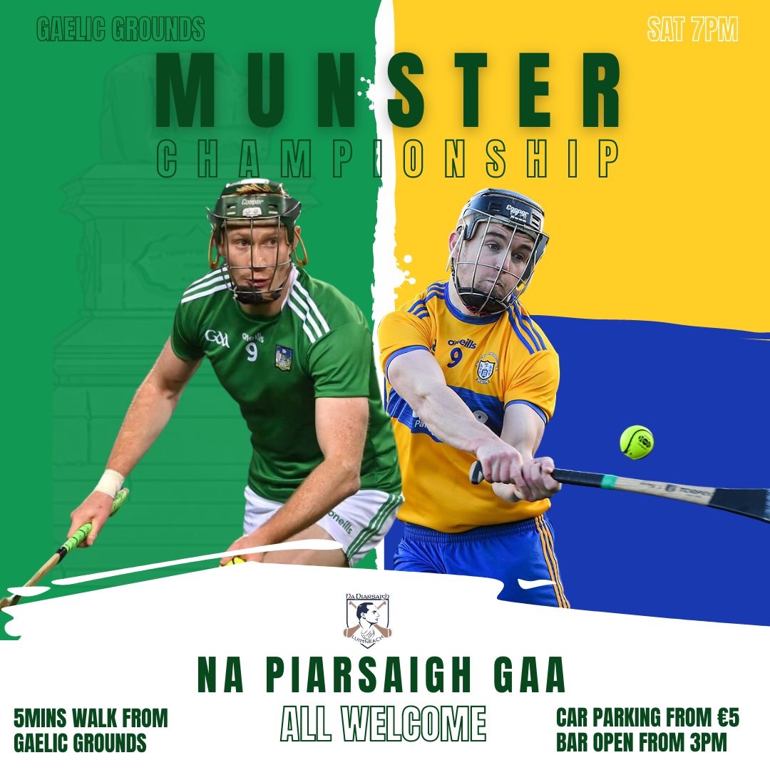 🚨Munster Hurling Championship🚨

Club bar open from 3pm with parking available to all from just €5. 
A short 5min walk to the Gaelic Grounds where throw in is at 7pm. 
Bar will also be open after the game to discuss the performances! 

<a href="/LimerickCLG/">Limerick GAA</a>