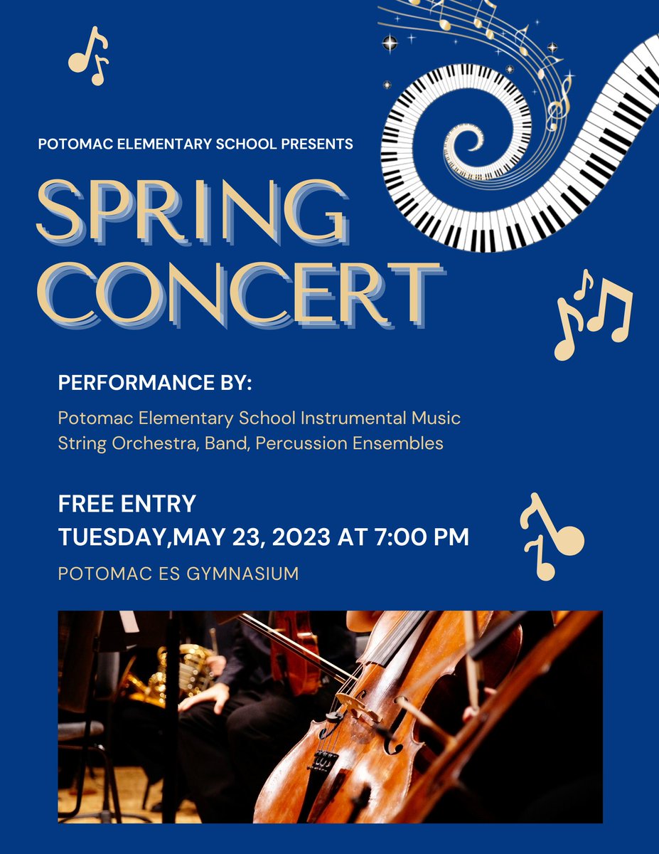 We are so excited to feature our 4th and 5th grade band, orchestra, and all Mustangs instrumental musicians at the Spring Concert on Tuesday, May 23rd. Hope to see you there! <a href="/potomacmustangs/">@potomacmustangs</a>