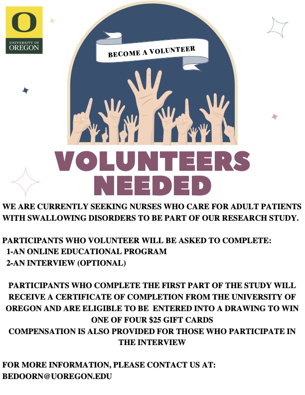 Samantha Shune (@samanthashune) on Twitter photo Recruitment is now open to #nurses working in any #inpatient setting, including #nursinghomes. Learn more about the important topic of #dysphagia!
Please help spread the word (and help my #student #graduate!)
<a href="/NurseGroups/">NurseGroups</a> <a href="/ANANursingWorld/">American Nurses Association</a> #studentresearch #researchstudy Recruitment is now open to #nurses working in any #inpatient setting, including #nursinghomes. Learn more about the important topic of #dysphagia!
Please help spread the word (and help my #student #graduate!)
<a href="/NurseGroups/">NurseGroups</a> <a href="/ANANursingWorld/">American Nurses Association</a> #studentresearch #researchstudy